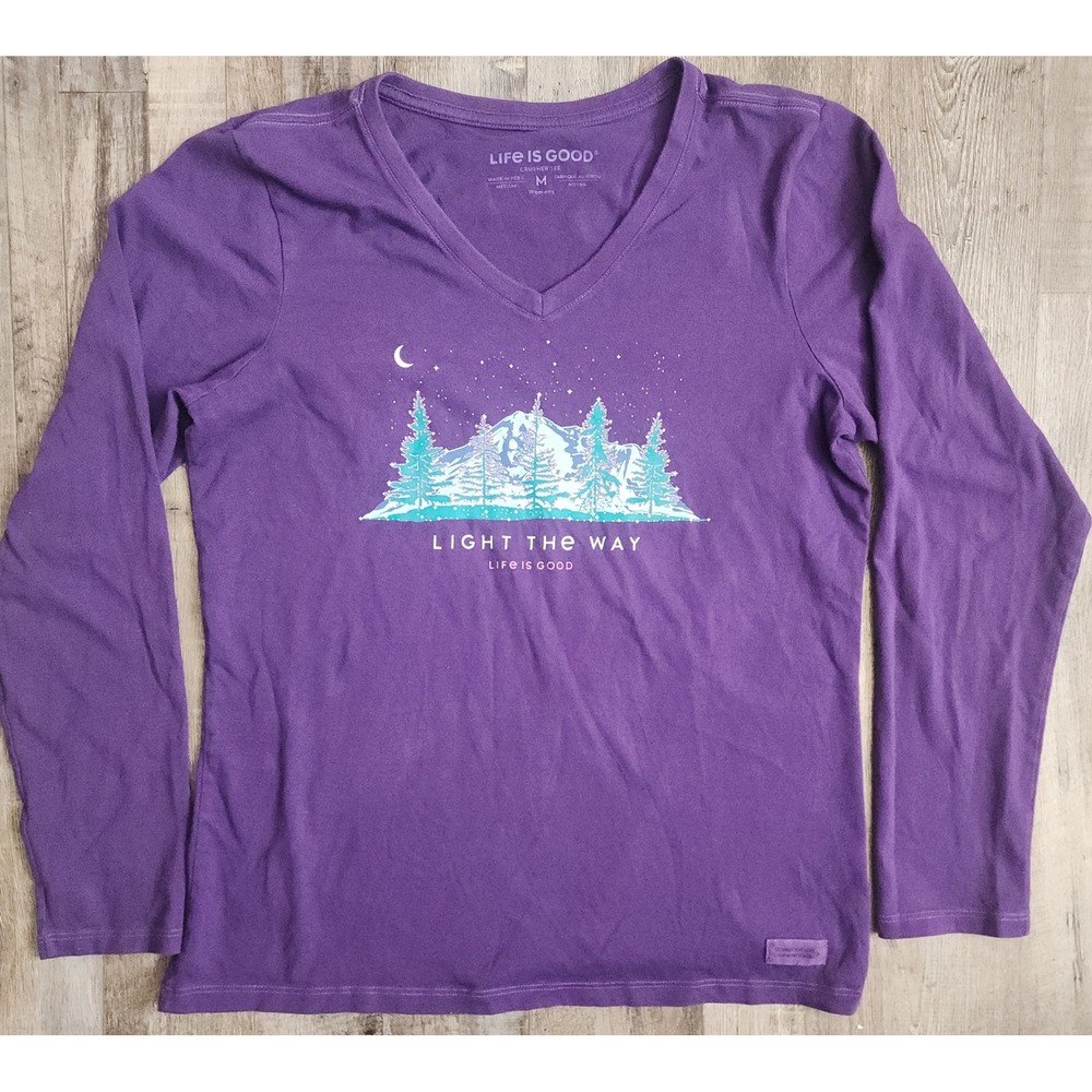 Life is Good Crusher Tee Womens Medium Purple Light The Way Mountain Long Sleeve